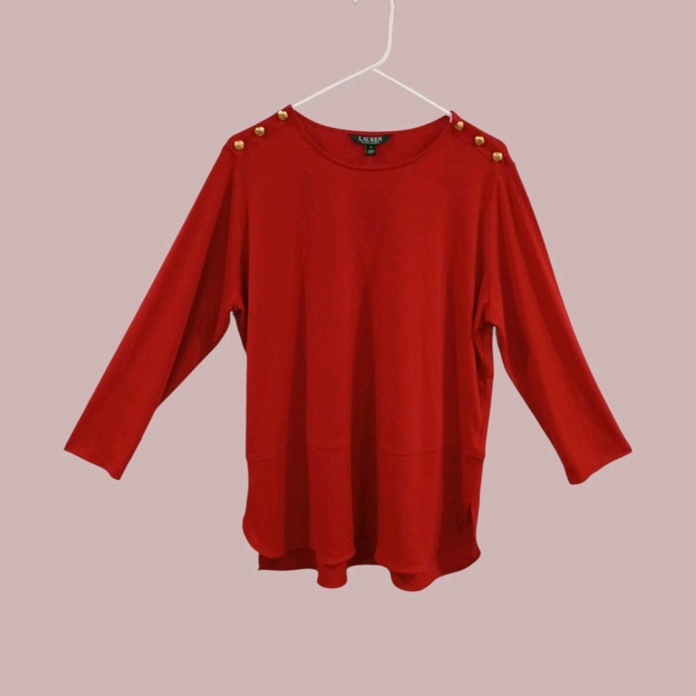 Ralph Lauren XL Red Top Gold Button Shoulder 3/4 Sleeve Blouse